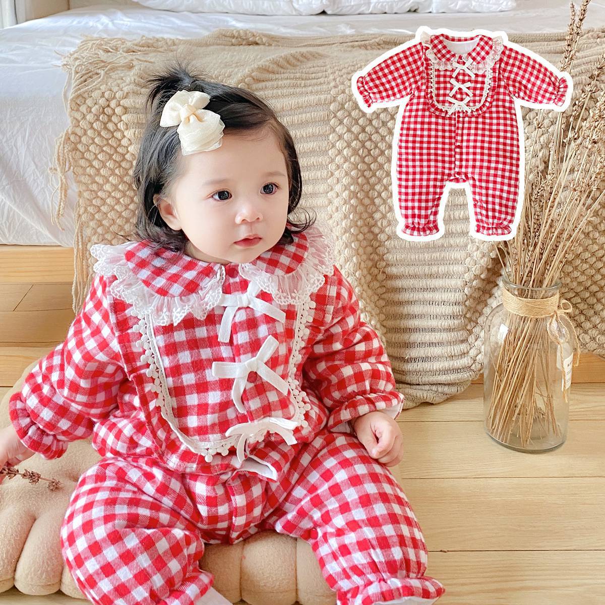 Baby Kid Girls Checked Bow Lace Jumpsuits Wholesale 901710454