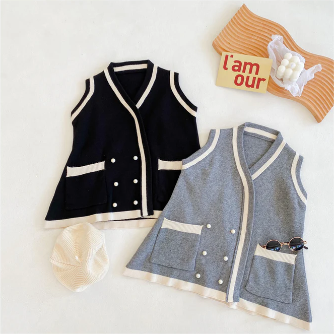 Baby Kid Girls Color-blocking Crochet Vests Waistcoats Knitwear Wholesale 22060815