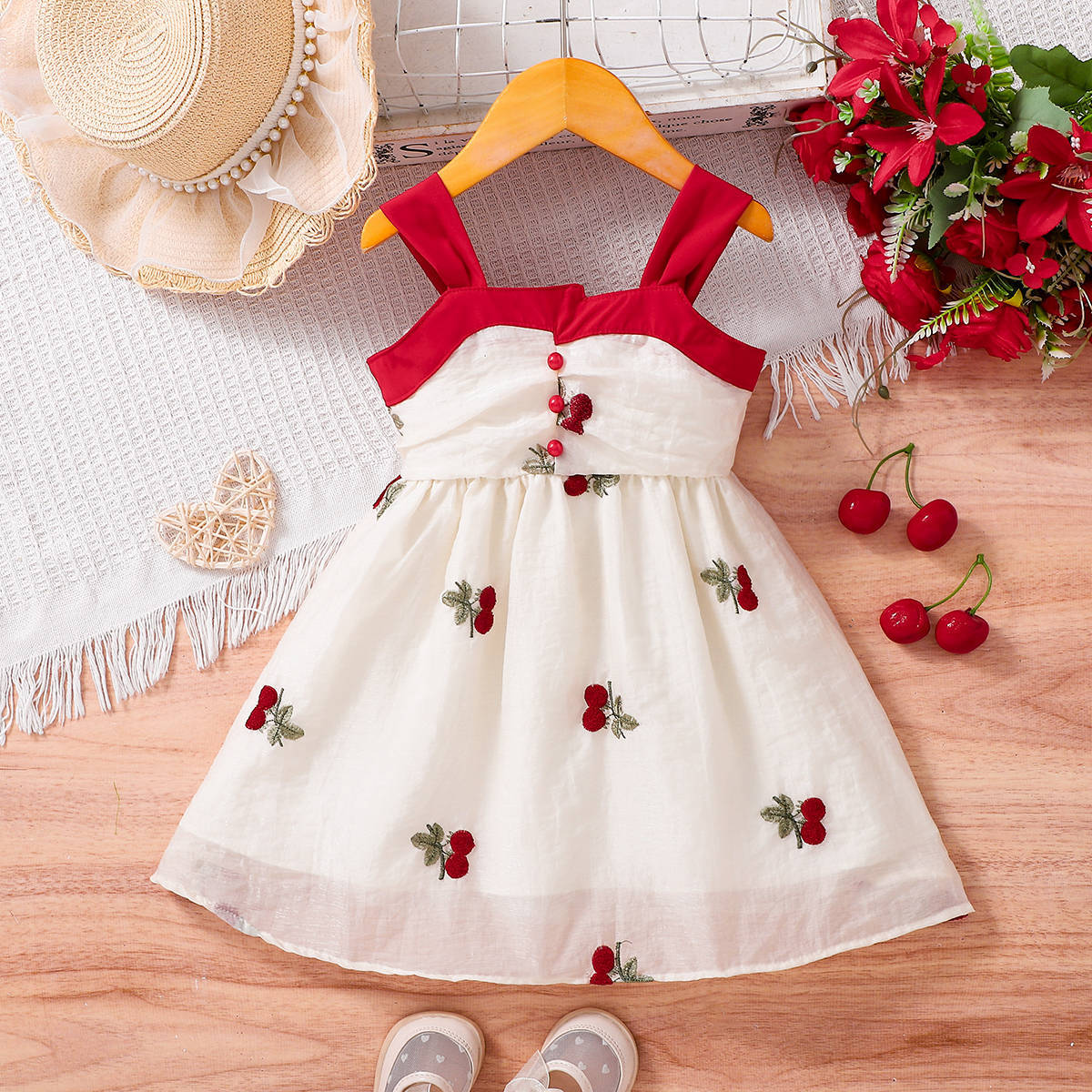 Baby Kid Girls Color-blocking Fruit Embroidered Dresses Wholesale 25070836