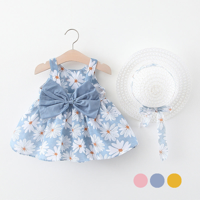 Baby Kid Girls Flower Bow Print Dresses And Hats Wholesale 22033078