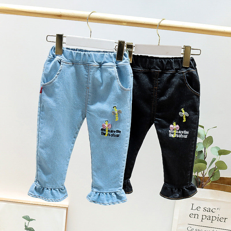 Baby Kid Girls Letters Bow Embroidered Jeans Wholesale 23010579