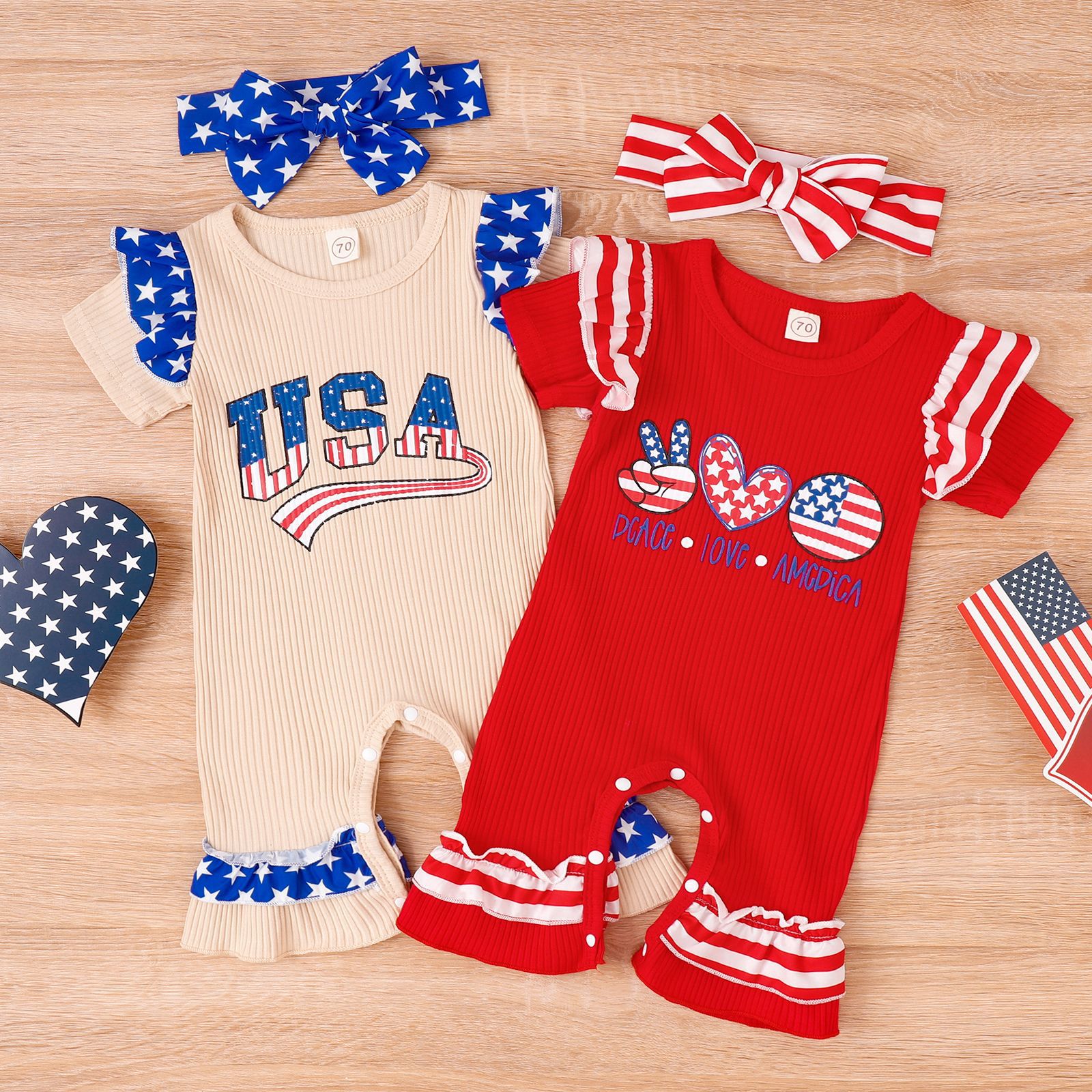 Baby Kid Girls Letters Star Print Independence Day Jumpsuits Wholesale 23053143