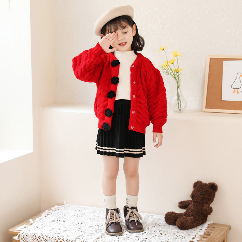 Baby Kid Girls Solid Color Flower Cardigan Knitwear Wholesale 220819178