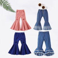 Baby Kid Girls Solid Color Leopard print Ripped Pants Jeans Wholesale 22040229