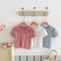 Baby Kid Girls Solid Color Striped Tops Wholesale 25050885