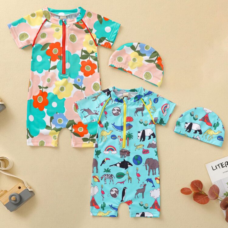 Baby Kid Unisex Flower Animals Print Beach Rompers Swimwears Wholesale 221101149