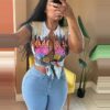 Casual Women Street Trend Printed Fringe Slit Short Sleeves Tie Knott Top