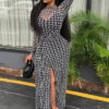 Chic Women's Semi-Sheer Slim Waist Printed High Neck Long Sleeve Slit Dress