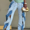 Color Block Patchwork Straight Leg Knot Cut-Out Denim Pants