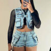 Denim Shorts Multi-Pocket Sleeveless Two Piece Denim Shorts Set