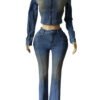 Denim Stretch Long Sleeve Jacket Flared Pants Set