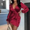 Fall Sexy Red V-Neck Satin Long Sleeve With Belt Min Dress