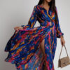 Fashion Print V-Neck Long Sleeve Belt Dress