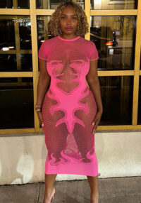 Fashion Sexy Hollow See-Through Tight Fitting Fishnet Round Neck Midi Dress