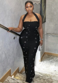 Fashion Women's Halter Neck Beaded Sexy Slit Bodycon Gown Long Dress