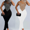 Fashionable Women's Solid Color Mesh Beaded Sleeveless Sexy Jumpsuit
