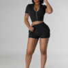 Female Fashion Two-Way Zipper Casual Solid Color Short Sleeve Two Piece Shorts Set