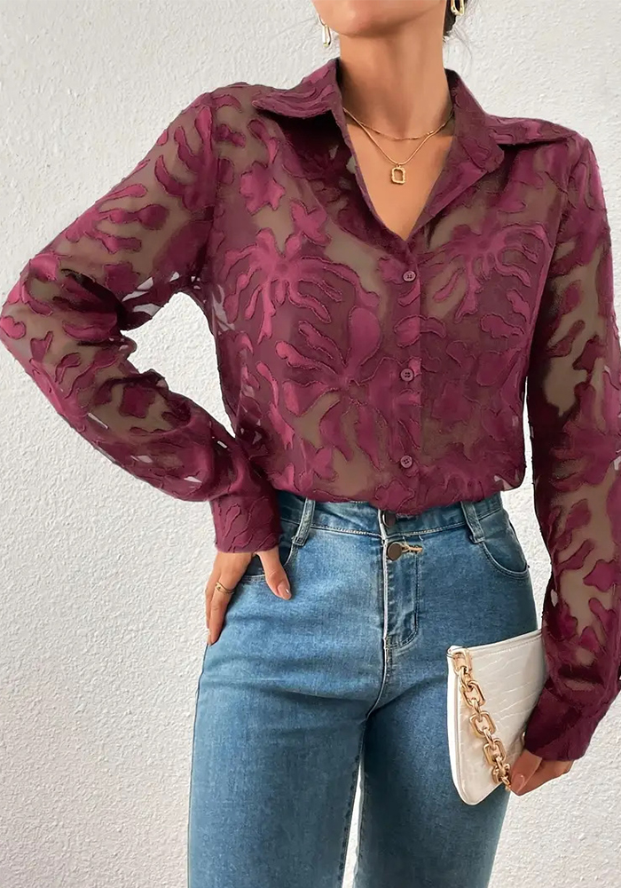 Floral Jacquard Shirt Turn-Down Collar Single-Breasted Blouse