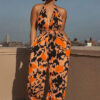 Halter Neck High Waist Print Slim Wasit Wide Leg Jumpsuit