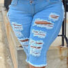 High Waist Elastic Plus Size Ripped Denim Pants