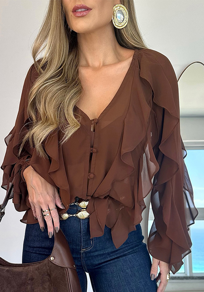 Irregular Flounce V-Neck Long-Sleeve Gradient Print Shirt