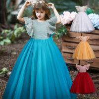 Kid Girls Solid Color Bow Print Birthday Party Princess Dresses Wholesale 221216240