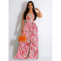 Ladies Fashion Floral Print Sleeveless Collar Jumpsuit