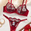 Lingerie Mesh Red Velvet Rose Embroidered Underwire Push-Up Bra Panties Set Women