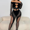 Mesh See-Through Sexy Fashion Long Sleeve Off Shoulder Knit Jumpsuit Hollowed Out