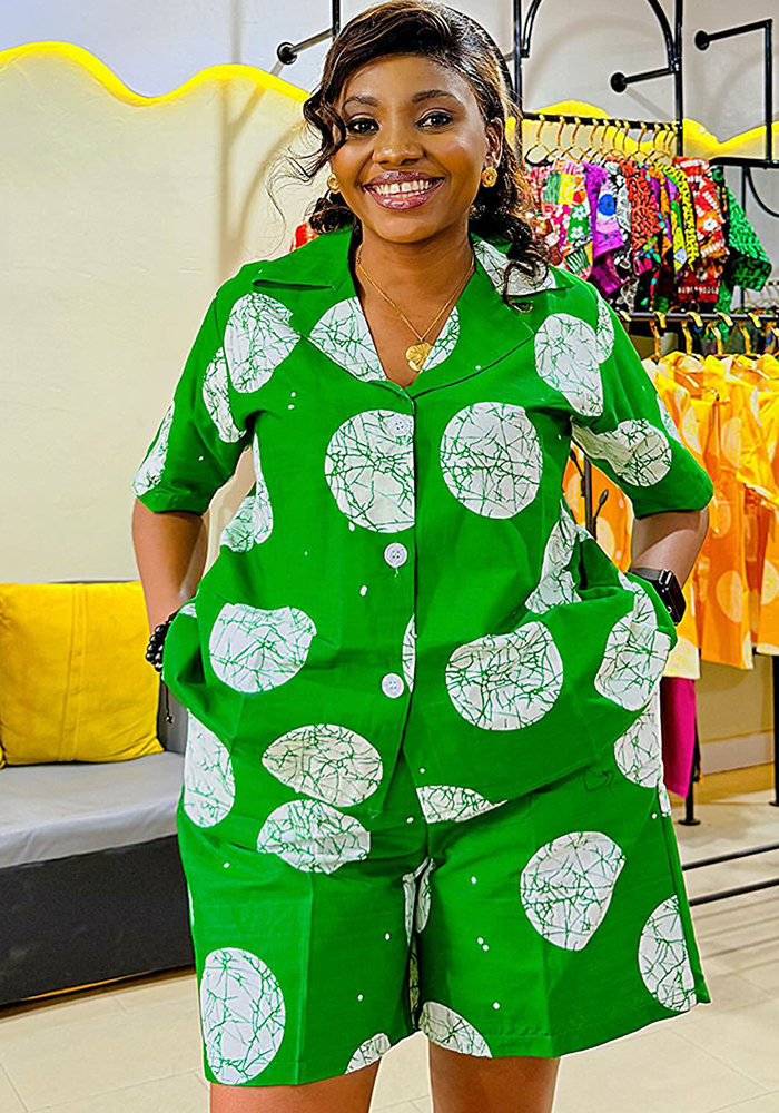 Plus-size African Women printed short-sleeved turndown collar shirt and casual shorts two-piece set