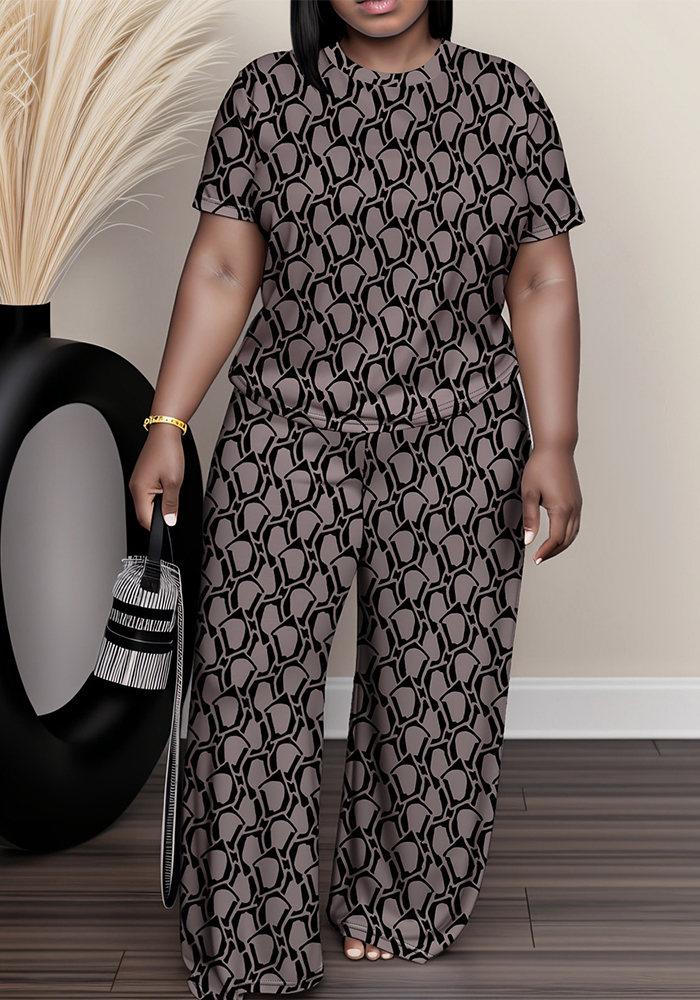 Plus Size Casual Women Elegant Short Sleeve Top and Trousers Two-piece Set