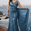 Plus Size Elegant Sequins Patchwork Fitted V-Neck Short Sleeve Cocktail Dress Bridesmaid Gown