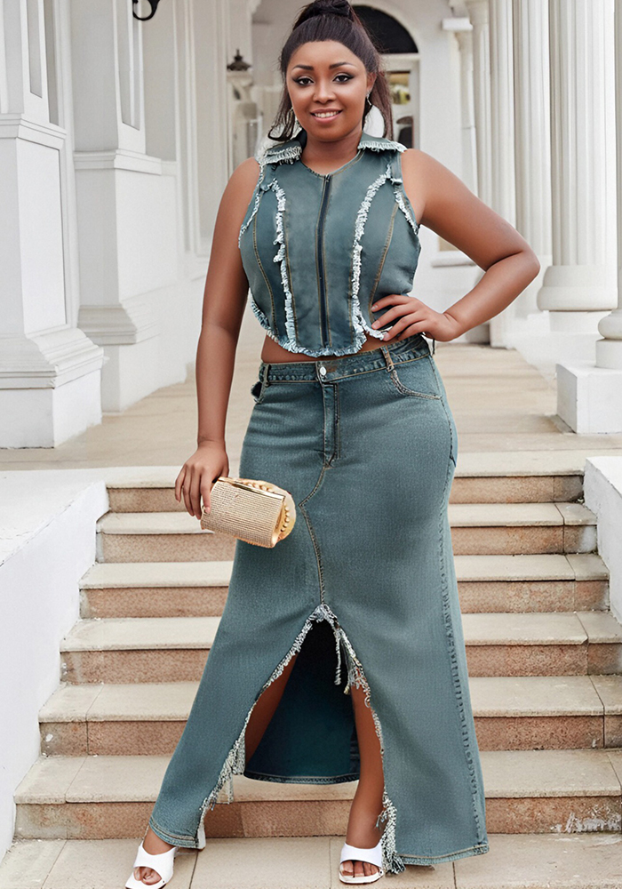 Plus Size Sexy Zipper Turn-Down Collar Sleeveless Denim Long Dress