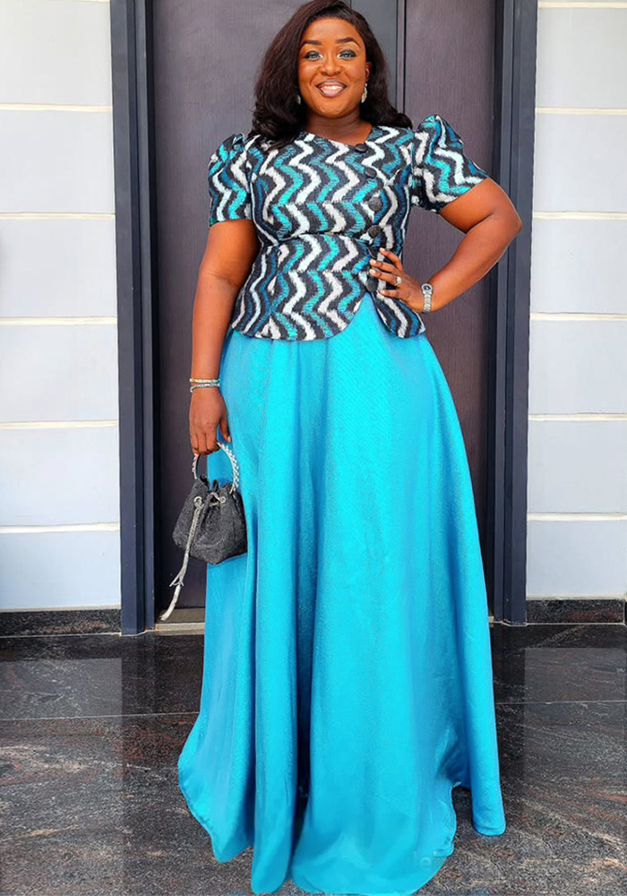Plus Size Skirt + T-Shirt African Women's Satin Print Two-Piece Set