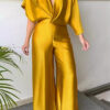 Plus Size Solid Color Satin V-Neck Loose Jumpsuit