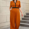 Plus Size V-Neck Pleated Color-Matching Slim Waist Elegant Wide-Leg Jumpsuit