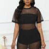 Plus Size Women Beach Mesh See-Through Wrap-Through Shorts Mesh Dress Three-Piece