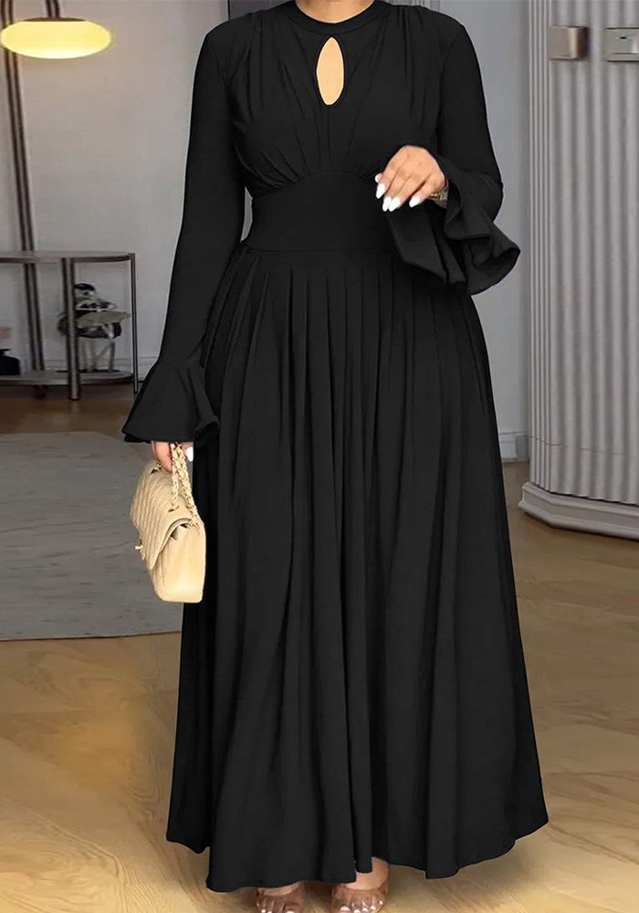 Plus-Size Women Black Elegant Bell Bottom Long-Sleeved Maxi Dress