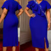Plus-size Women blue v-neck ruffled rhinestone slit elegant bodycon dress
