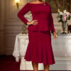 Plus-Size Women Burgundy One-Shoulder Ruffle Long-Sleeved Top Mermaid Skirt Elegant Two-Piece Suit