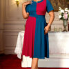 Plus-Size Women Contrast Short-Sleeved Round Neck Belt Elegant Party Dress