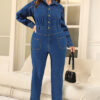 Plus Size Women Denim Long Sleeve Turndown Collar Jumpsuit