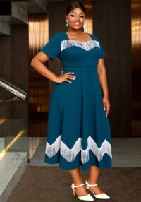 Plus-Size Women Elegant Blue Square-Neck Short-Sleeved Tassel Contrast Belt Party Dress