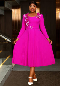 Plus-Size Women Elegant Rose Long-Sleeved Ruffled V-Neck Formal Party Pleated Dress