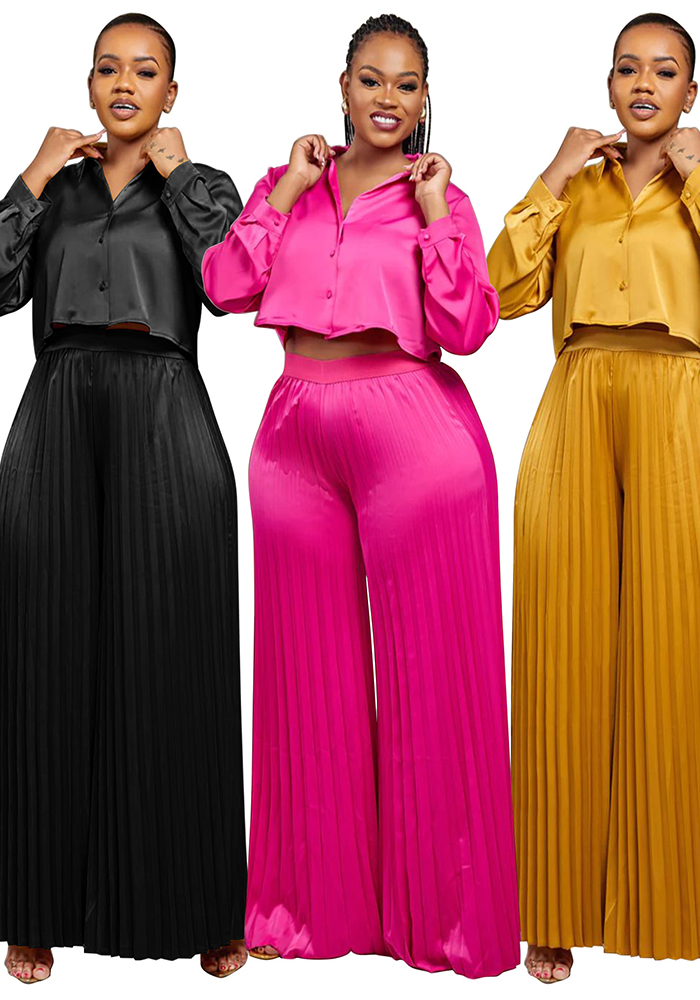 Plus Size Women Fall and Winter Casual Shirt Top and Wide Leg Pants Two-Piece Set