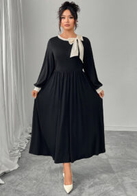 Plus-Size Women Fall/Winter Contrast Bow Black Maxi Dress