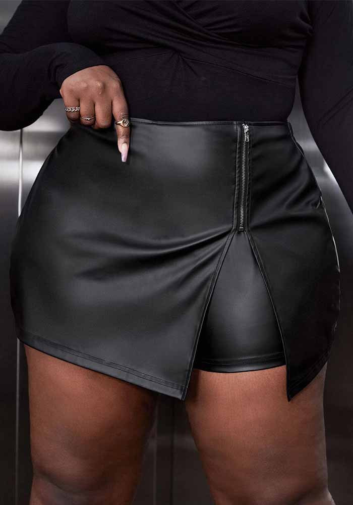 Plus Size Women irregular Style black zipper Pu-Leather pants skirt
