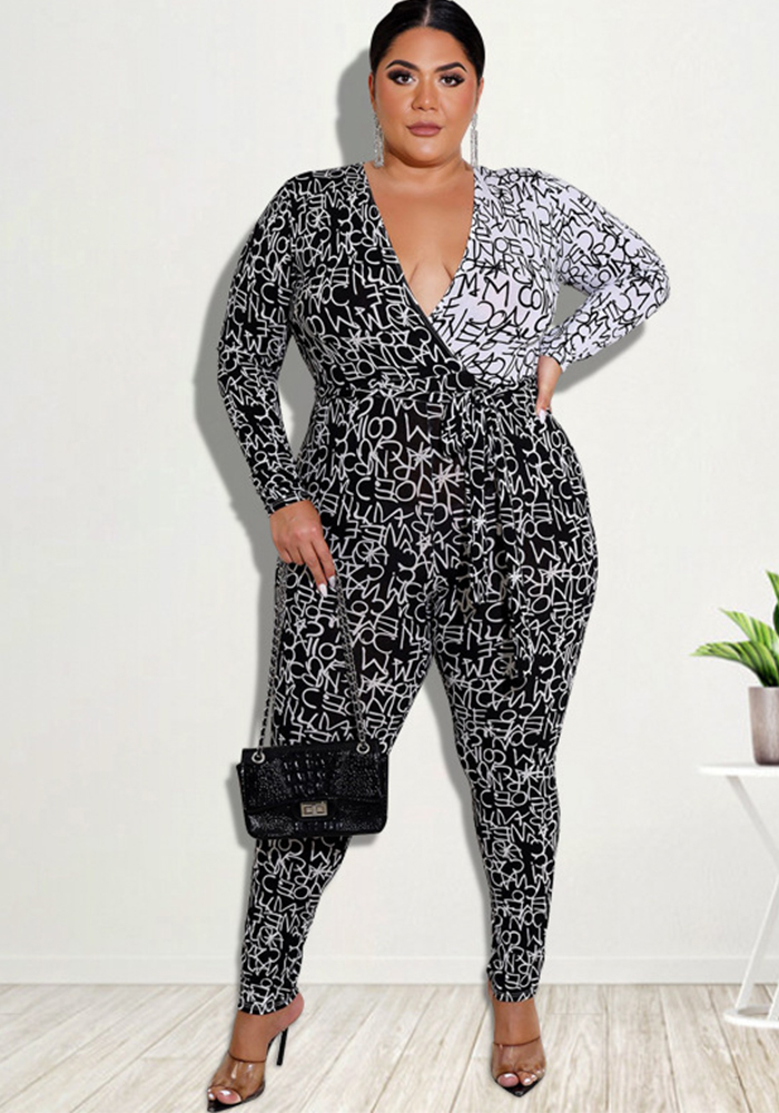 Plus Size Women Large Flower Print Jumpsuit