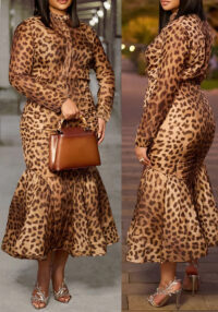Plus-Size Women Leopard Print Long-Sleeved Top and Fishtail Skirt Two-Piece Set