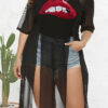 Plus Size Women Lips Print See-Through Mesh Slit Irregular Long T-Shirt Cover-up